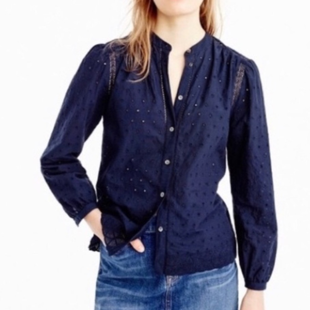 J.Crew Shirt Eyelet Button-up Shirt Navy Long Sleeve Sz 4